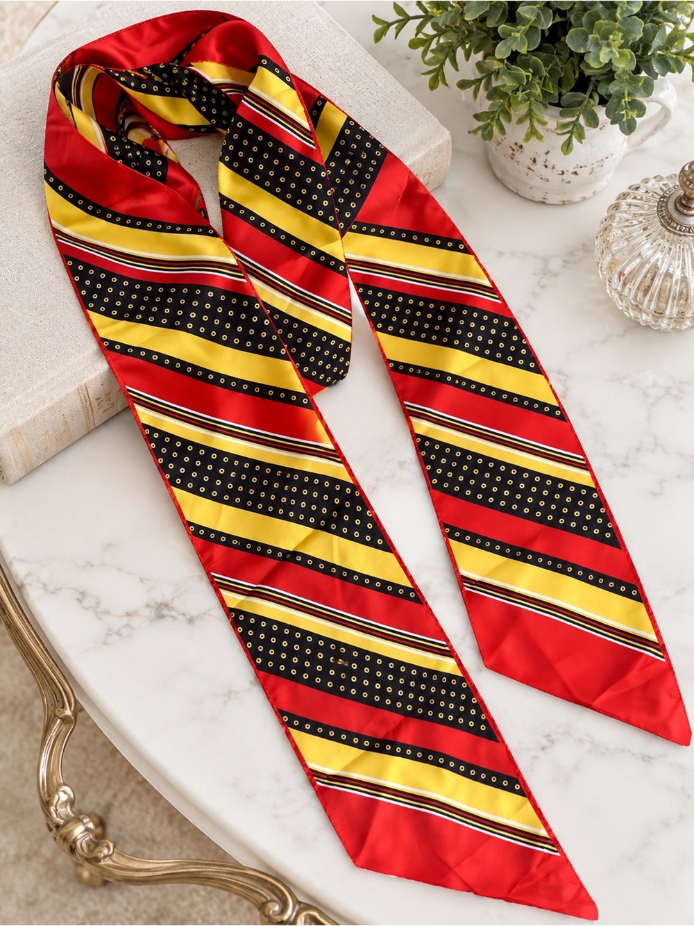 Vintage UPIM Italian Scarf 53” Red Black Gold Geometric Dot Stripe Neck Scarf